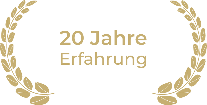 Goldene Lorbeerzweige umrahmen den Text "20 Jahre Erfahrung" auf grauem Hintergrund.